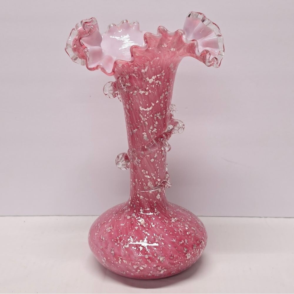 Antique Pink Ruffled Spangle Glass Silver Mica Flakes Vase Stevens & Williams